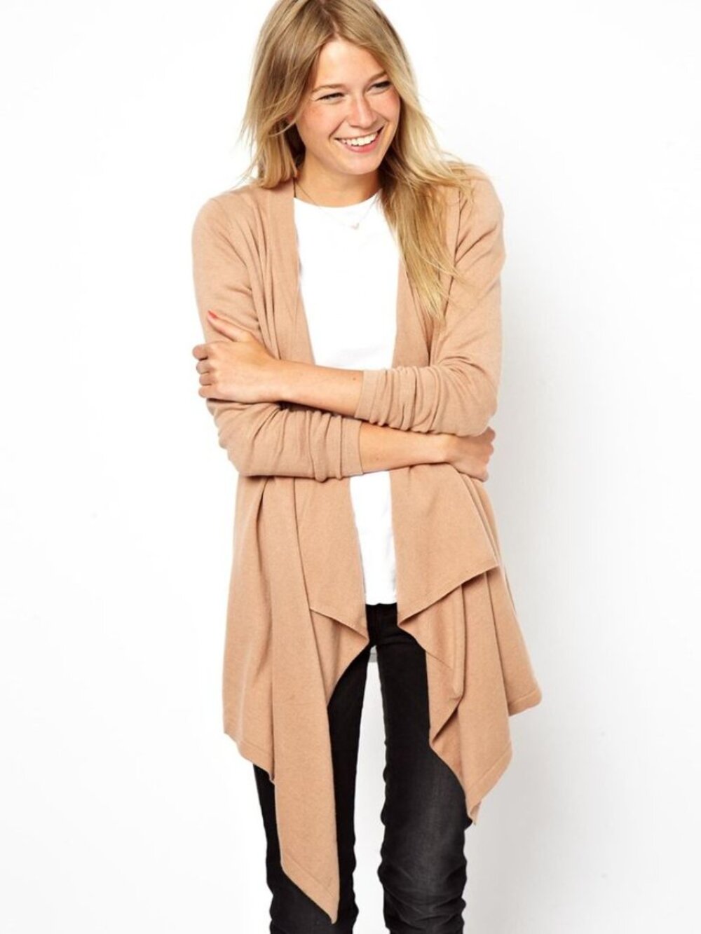 Women's Extra Fine Merino Wool Waterfall Cardigan sz S-M Soft Moka